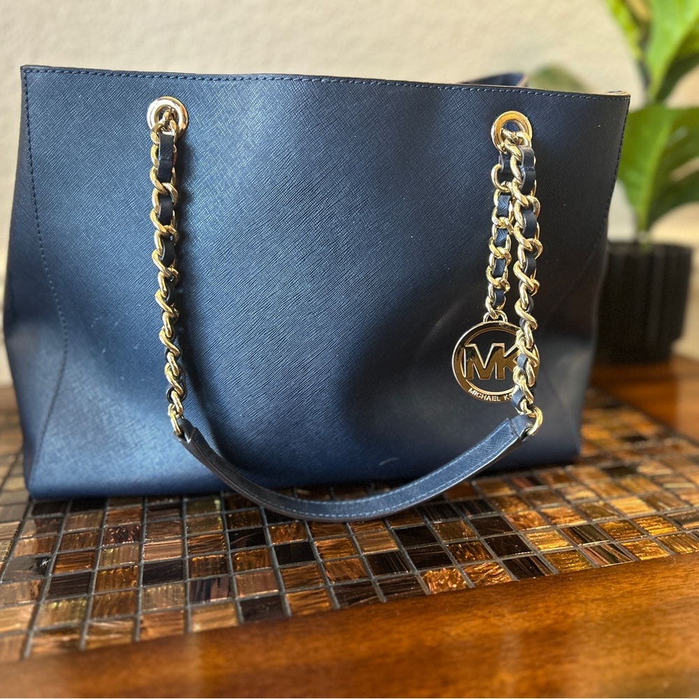 Michael Kors Navy Blue Tote Bag with Gold Chain